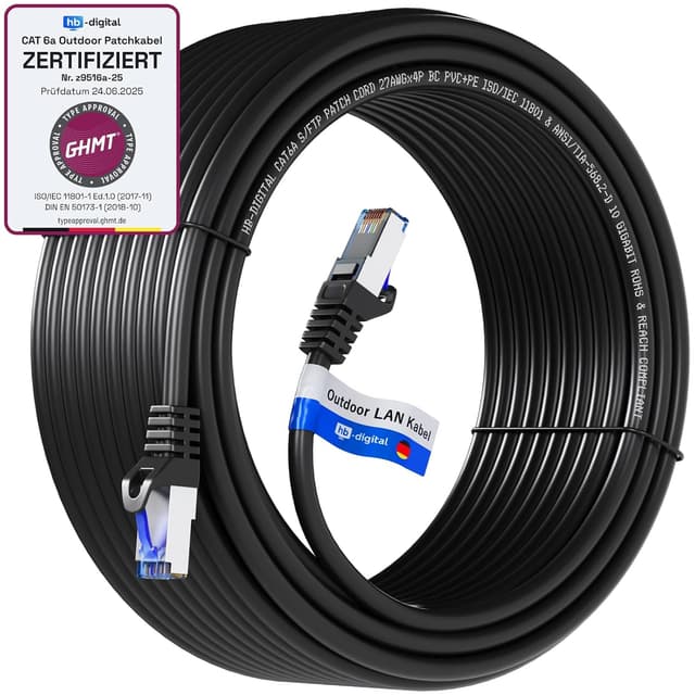 Detalle de HB-DIGITAL 40 m CAT 6a Outdoor LAN-Kabel (IP66, GHMT-zertifiziert) mit 2× RJ45, S/FTP PiMF, 10 Gbit/s – schwarz