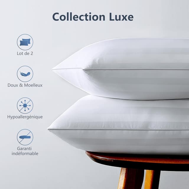 Detalle de Lot de 2 oreillers TESQ 60x60 cm Confort moelleux, hypoallergéniques et lavables