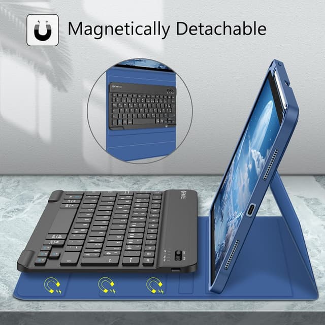 Detalle de FINTIE Tastaturhülle für iPad (A16) 11/10.9 Zoll mit abnehmbarer QWERTZ-Tastatur, Navy Blau