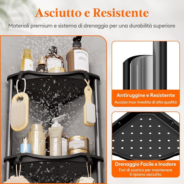 Detalle de lifewit Mensola Doccia a 3 Livelli senza Foratura per angolo bagno, 34 cm, nero