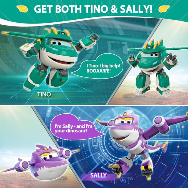 Detalle de Super Wings Dinosaurier 2er-Set Tino & Sally (12,7 cm) – 2-in-1 Actionfigur zum Verwandeln ab 3 Jahren, grün & lila