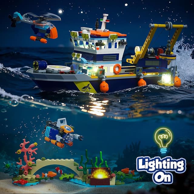 Detalle de JAEUZKJYDA City Floatable Boat Building Set with LED Light (Arctic Ocean Explorer) + Crane, Submarine, Helicopter