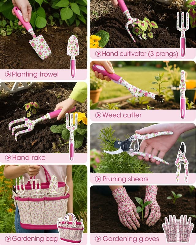 Detalle 2 de MYMULIKE 26-Piece Floral Gardening Tools Set for Women (Gloves & Handbag Gift Box)
