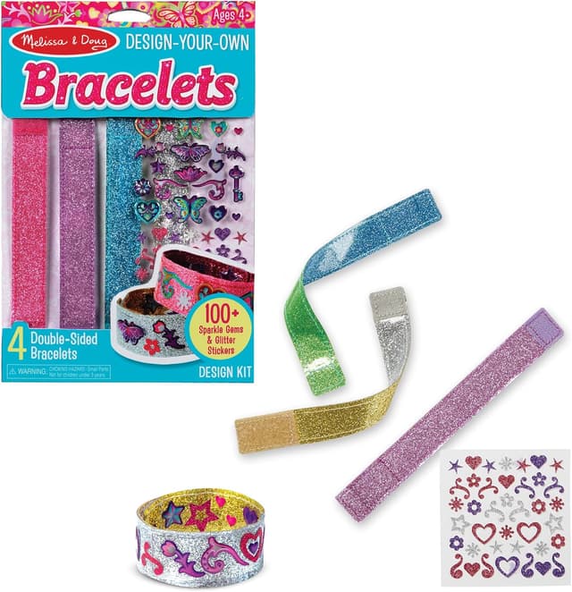 Detalle de Melissa & Doug „Entwirf Deine eigenen Armbänder“ – Kreativ-Set mit 4 Armbändern, Funkelsteinen & Glitzerstickern