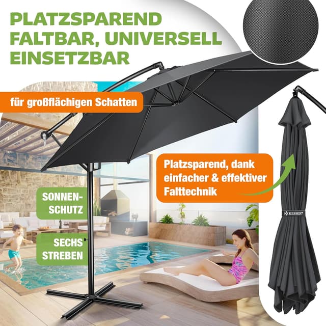 Detalle de KESSER Sonnenschirm Ø 350 cm – Ampelschirm mit Kurbel, 360° Drehfunktion und Schutzhülle (Anthrazit)