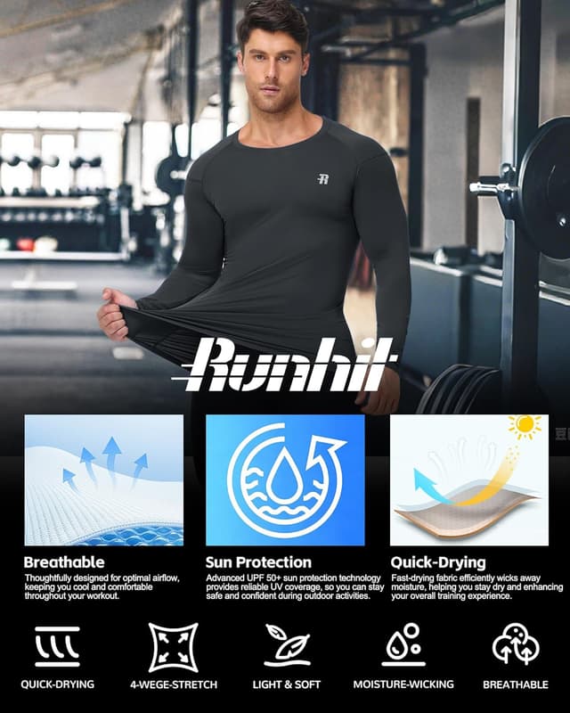 Detalle 1 de Runhit Men’s Compression Base Layer Long Sleeve Top (UPF 50+ Quick Dry)