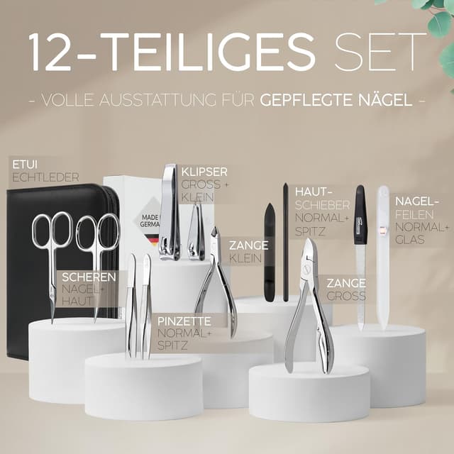 Detalle de marQus Solingen Maniküre- & Pediküre-Set mit 12 Teilen im Echleder-Etui (schwarz)