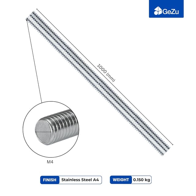 Detalle 2 de GeZu Impex tige filetée M4 en acier inoxydable A4 (316) – 1000 mm, pas 0,5 mm (lot de 28)