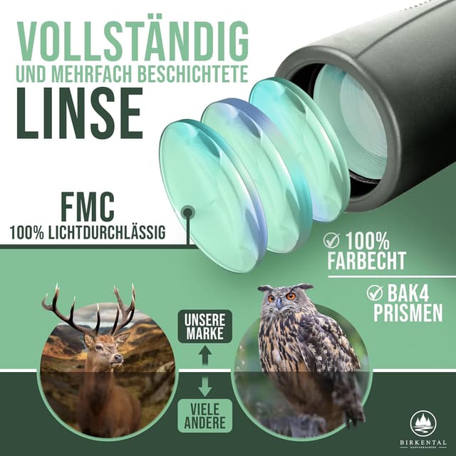 Detalle de Birkental Fernglas für Erwachsene 12x42 inkl. Zubehör – wasserdicht, leicht & kompakt (grün)