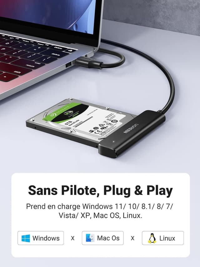 Detalle 2 de UGREEN Câble SATA USB 3.0 Adaptateur SATA vers USB 3.0 pour SSD et disques durs 2,5 pouces (UASP, TRIM, Smart, 0,5 m)