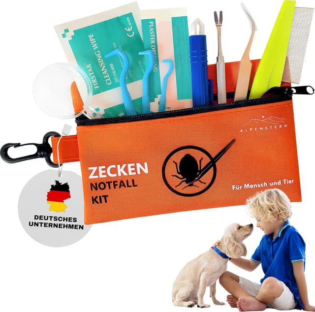 Detalle de Alpenstern® Zecken Entferner Kit: Zeckenpinzette, -hebel & Erste-Hilfe-Tasche für Mensch und Tier