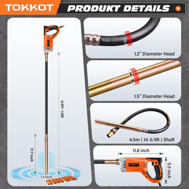 Detalle de Elektrischer Betonrüttler 1300 W mit 1,5 m Kupferstange – Hand-Betonvibrator für Platten und Fundamente