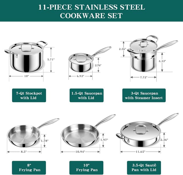 Detalle 2 de EWFEN 11-Piece 3-Ply Stainless Steel Cookware Set