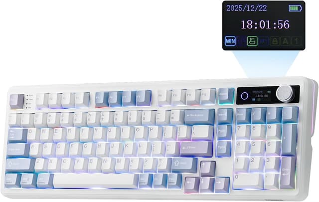 Detalle de EPOMAKER TH99 Pro 96% Mechanical Keyboard with Screen & Knob (Hot-Swap, Wireless 2.4G/Bluetooth) — Blue & White Creamy Jade