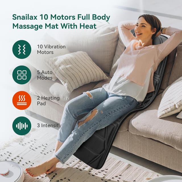 Detalle de Snailax Full Body Massage Mat with Heat (10 Motor Vibration) for Neck, Back, Shoulders & Calves