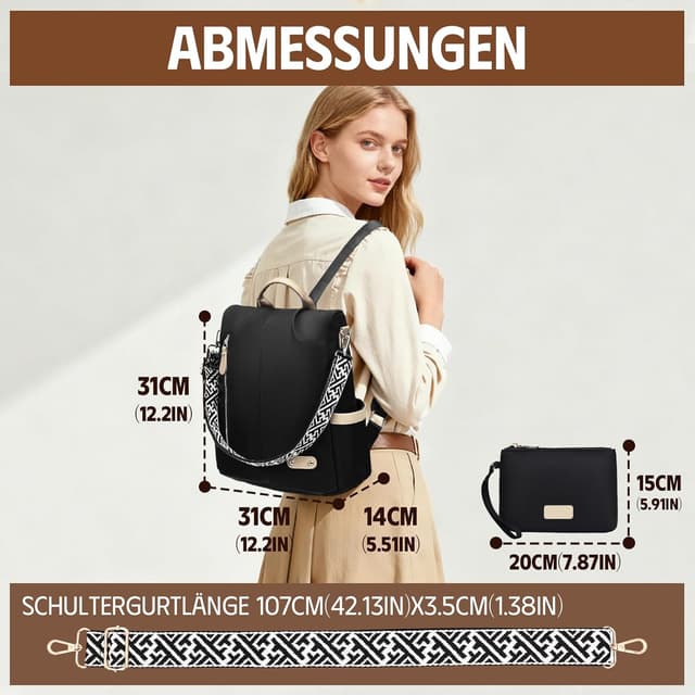 Detalle de ONETOALL Damen-Rucksack klein, diebstahlsicher mit RFID-Blocker (inkl. 6 Schutzhüllen) – Cityrucksack für Städtetrips & Alltag