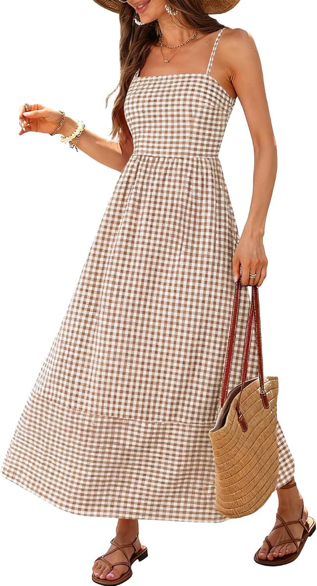 Detalle de Caracilia Women’s Gingham Spaghetti Strap Back Smocked Maxi Dress (Rayon) with Pockets