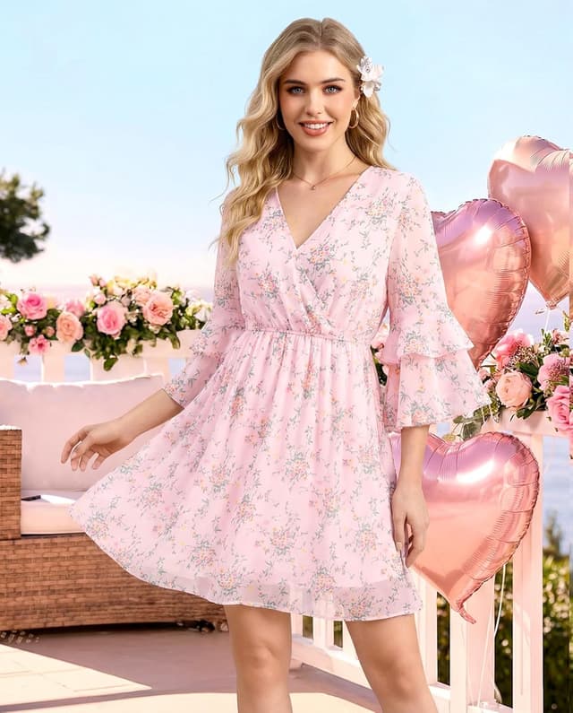 Detalle 2 de Bebonnie Womens Wrap V-Neck Ruffle Sleeve Chiffon Layer Dress