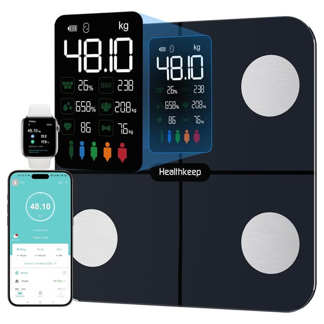 Detalle de Balance connectée Healthkeep Balance Connectée avec impédancemètre, grand écran VA et mesure de la fréquence cardiaque (jusqu’à 180 kg) – Bleu marine