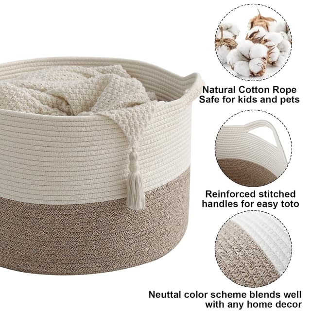 Detalle de HZFTJOY 65L Large Blanket Basket (19.7 in x 19.7 in x 13 in) Rope Woven Storage Bin with Handles