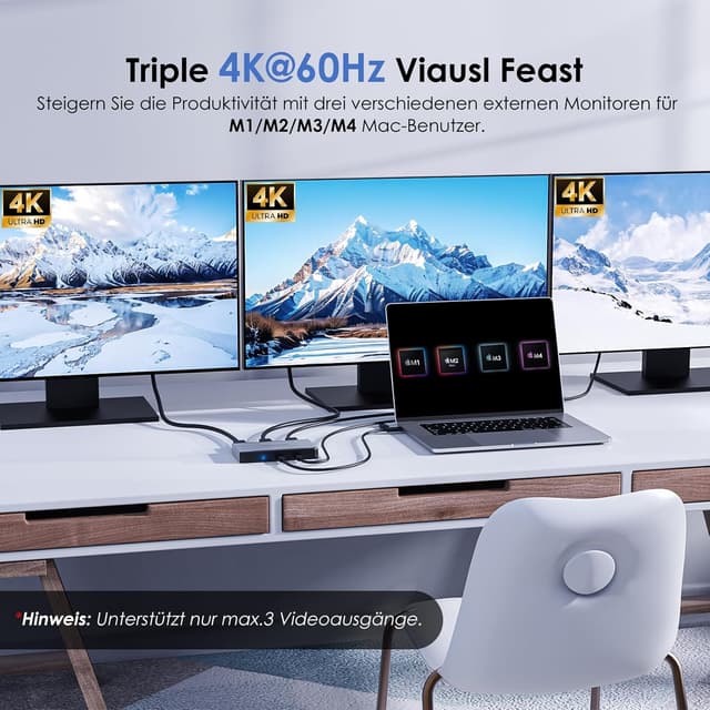 Detalle de WAVLINK Dockingstation Triple Monitor für macOS (M1–M4) – 3 HDMI/2 DP, 4K@60Hz und 100W Power Delivery