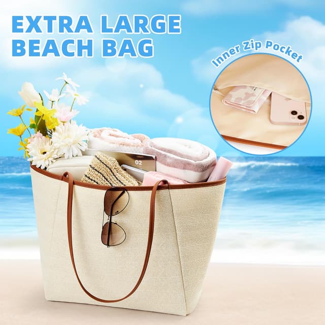 Thumbnail 4 de KALIDI Straw Tote Beach Bag – striped shoulder handbag with zip closure and inner pocket