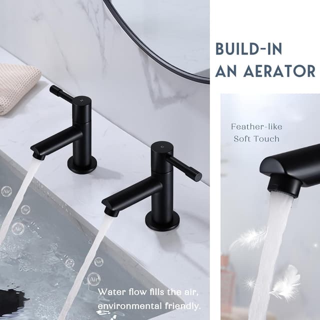 Detalle de Wasserrhythm Basin Pillar Taps Pair (Black) – Twin bathroom sink mono 2‑piece cloakroom faucets, matte black stainless steel, lead-free