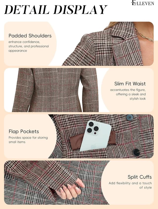 Thumbnail 4 de ELLEVEN Women's Lapel Collar Plaid Blazer 2-button