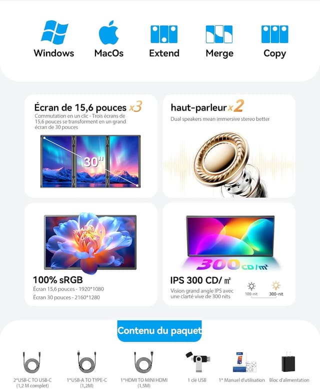 Detalle de Newwin Double Ecran PC Portable 15,6" FHD 1080p IPS (prolongateur) pour ordinateur portable et Mac