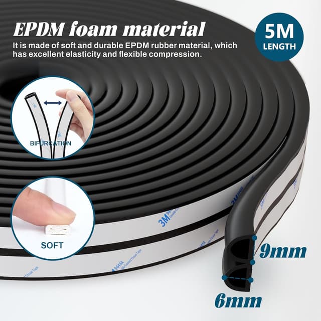 Detalle 2 de HNNHOME EPDM D-Shape Draft Excluder for Windows & Doors with 3M Self-Adhesive Tape
