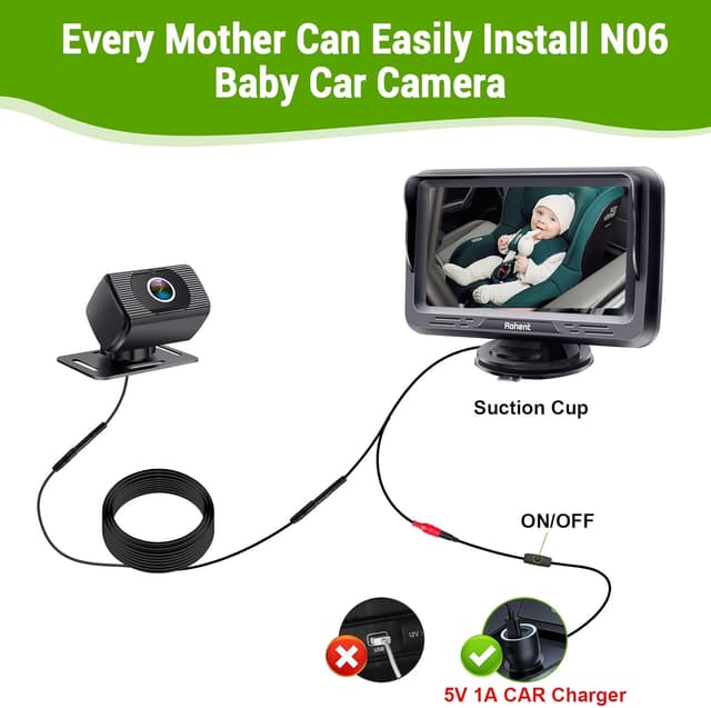 Detalle de Rohent Baby Car Camera HD 1080P for Backseat (USB plug-and-play, 4.3-inch monitor) with night vision