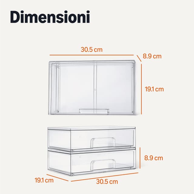 Detalle de Amazon Basics organizer di trucco impilabile con cassetti in plastica trasparente (confezione da 2), 30,8 x 19,2 x 9 cm