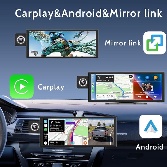 Detalle de 11.26-inch Wireless Apple CarPlay & Android Auto Screen with 4K Dash Cam, 1080P Backup Camera, GPS, and Mirror Link (Includes 64GB U3 card)