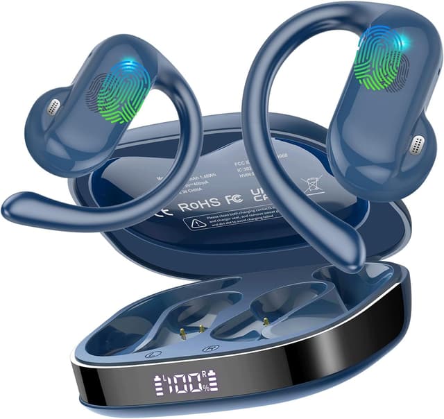 Detalle de DUSONLAP Ecouteurs Bluetooth Open-Ear Sport 5.4, 42 h, micro ENC et écran LED (bleu)