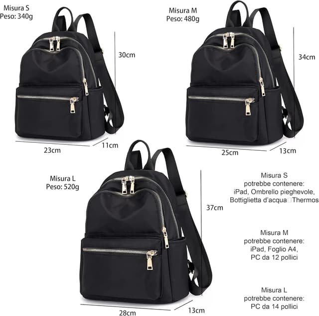 Detalle de Kommodum Zaino Donna Zainetto nero multi-tasche con tasca anti-furto (leggero, casual)