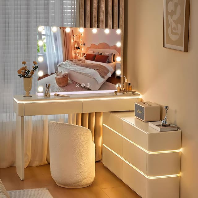 Detalle 2 de halumao Hollywood Vanity Mirror with Lights (58 x 48 cm) with 3 light modes, smart touch control and USB/Type-C outputs