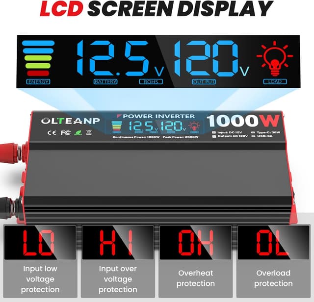 Detalle de OLTEANP 1000 Watt 12V DC to 110V/120V AC Car Power Inverter with LCD, 2 AC Outlets, USB-C (36W) and USB-A (5V/3A)