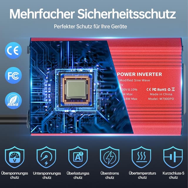 Detalle de AUCARAUTO Upgrade 300W Spannungswandler (12V auf 230V) mit USB‑C (65 W) & QC3.0 (18 W)