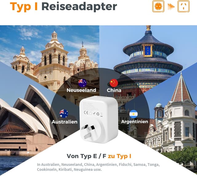 Detalle 2 de TESSAN 2er Reiseadapter Australien/Deutschland mit USB-C (Type I) – erweiterbar auf Schuko und USB A