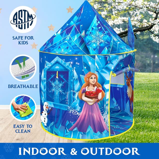 Detalle 2 de W&O Frozen Princess Tent for Girls (Ages 3-7) with Magical Sound Button, LED Lights, Crown & Wand