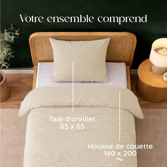 Detalle de Twinzen Parure de lit 140x200 cm en microfibre beige avec housse de couette et 1 taie 65x65 cm