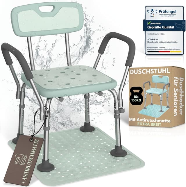 Detalle de Duschstuhl für Senioren mit Rückenlehne und Armlehnen (bis 150 kg) – rutschfest mit Antirutschmatte