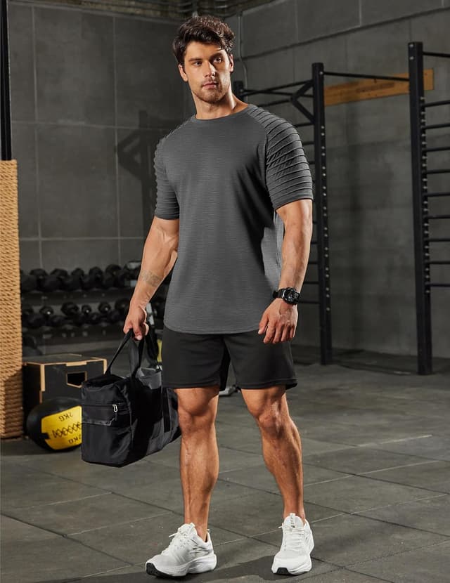 Detalle de COOFANDY T-shirt de sport à manches courtes raglan pour homme – col rond, séchage rapide