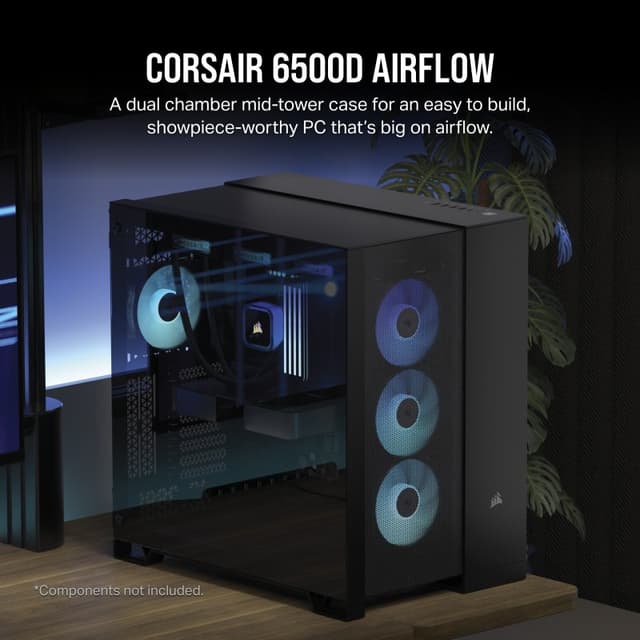 Detalle 2 de Corsair 6500D AIRFLOW semitorre ATX de doble cámara con cristal templado y USB‑C (negra)
