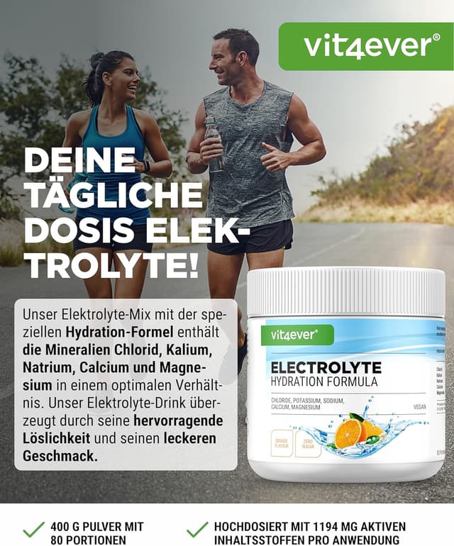 Detalle 2 de vit4ever Elektrolyte Hydration Formel – 400 g Pulver, Orangen Geschmack (80 Portionen, zuckerfrei, vegan)