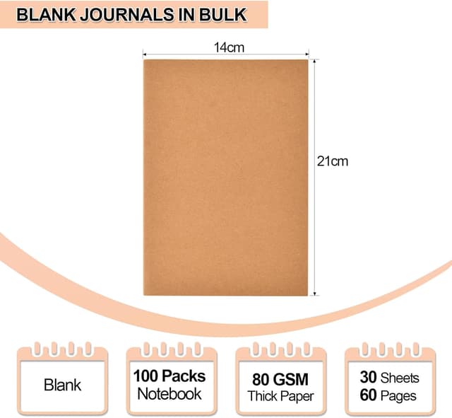 Detalle de VEESUN Notizbuch A5 mit Blanko-Seiten (100er Pack) – Kraftpapier-Cover, für Schule, Büro & Reisen