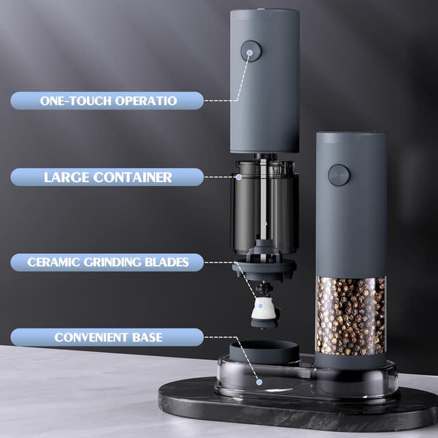 Thumbnail 6 de Electric Salt and Pepper Grinder Set with Adjustable Levels, LED Light, and 4 AAA Battery Power (Grey)