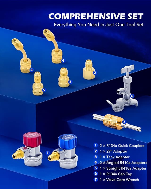 Detalle de Orion Motor Tech 4-Way AC Gauge Set for R410a, R22 & R134a with 5 ft Hoses, Adapters & Can Tap