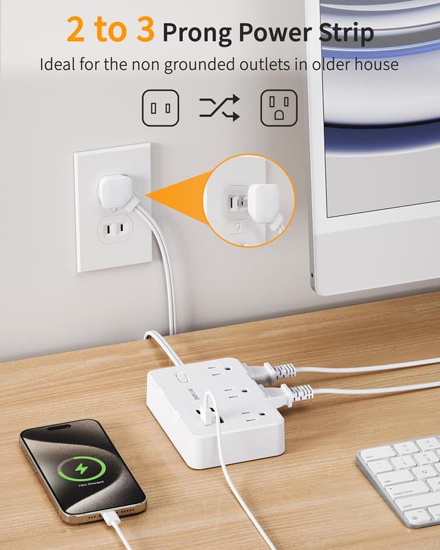 Detalle 2 de DEPOW 2 Prong to 3 Prong Adapter Power Strip