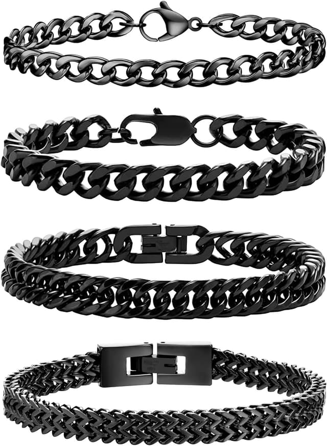 Thumbnail 6 de Esmoly 4 Pezzi bracciale da uomo in acciaio 316L (argento, oro e nero) – catena cubana, set impilabile, lunghezze 19/21/23 cm